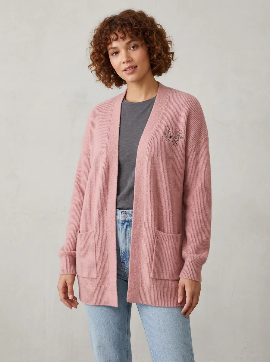 Pink Modern Butterfly Floral Minimalist Print Cardigan