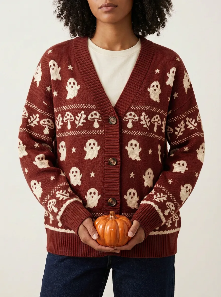 Women's Halloween Ghost Mushroom Pattern Knitted Cardigan