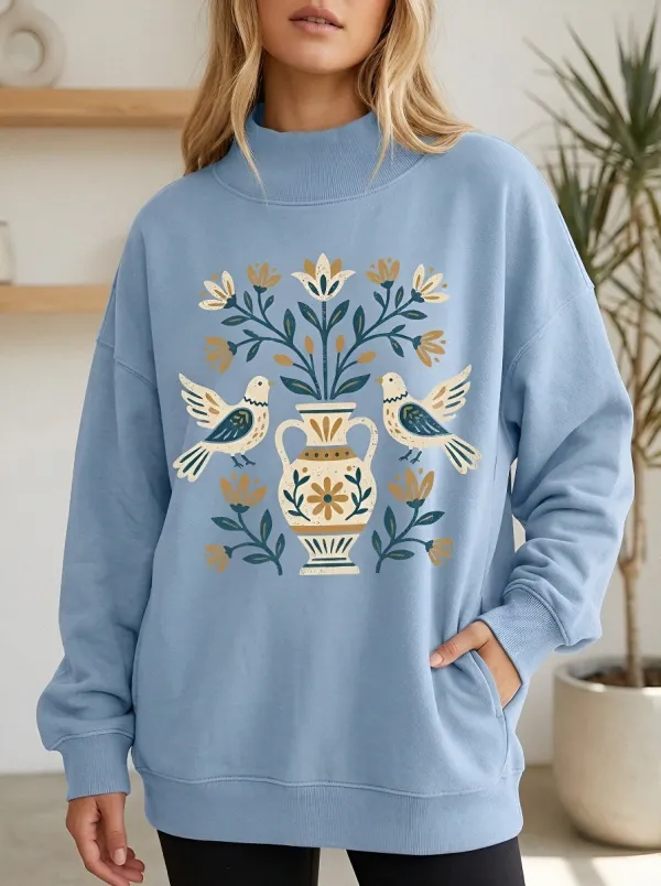 Women's Folk Art Bird Vase Floral Printed Sweatshirt