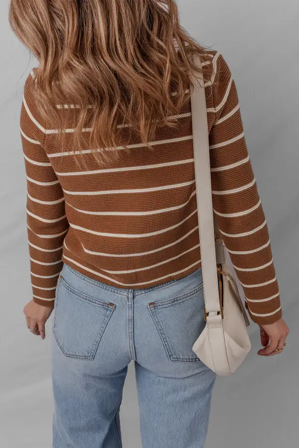 Tie Front Striped Knit V Neck Cardigan