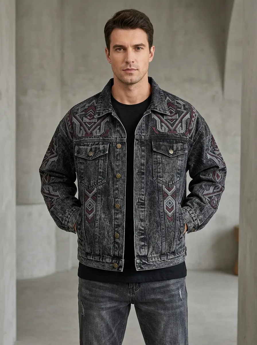 Men's Graphic Motif Tribal Geometric Denim Jacket
