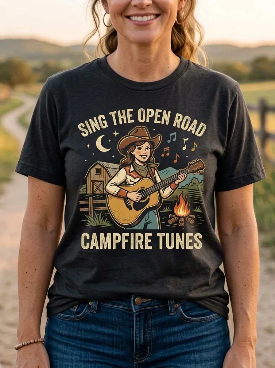 Rustic Country Music Cowgirl Guitar Campfire Crew Neck T-Shirt