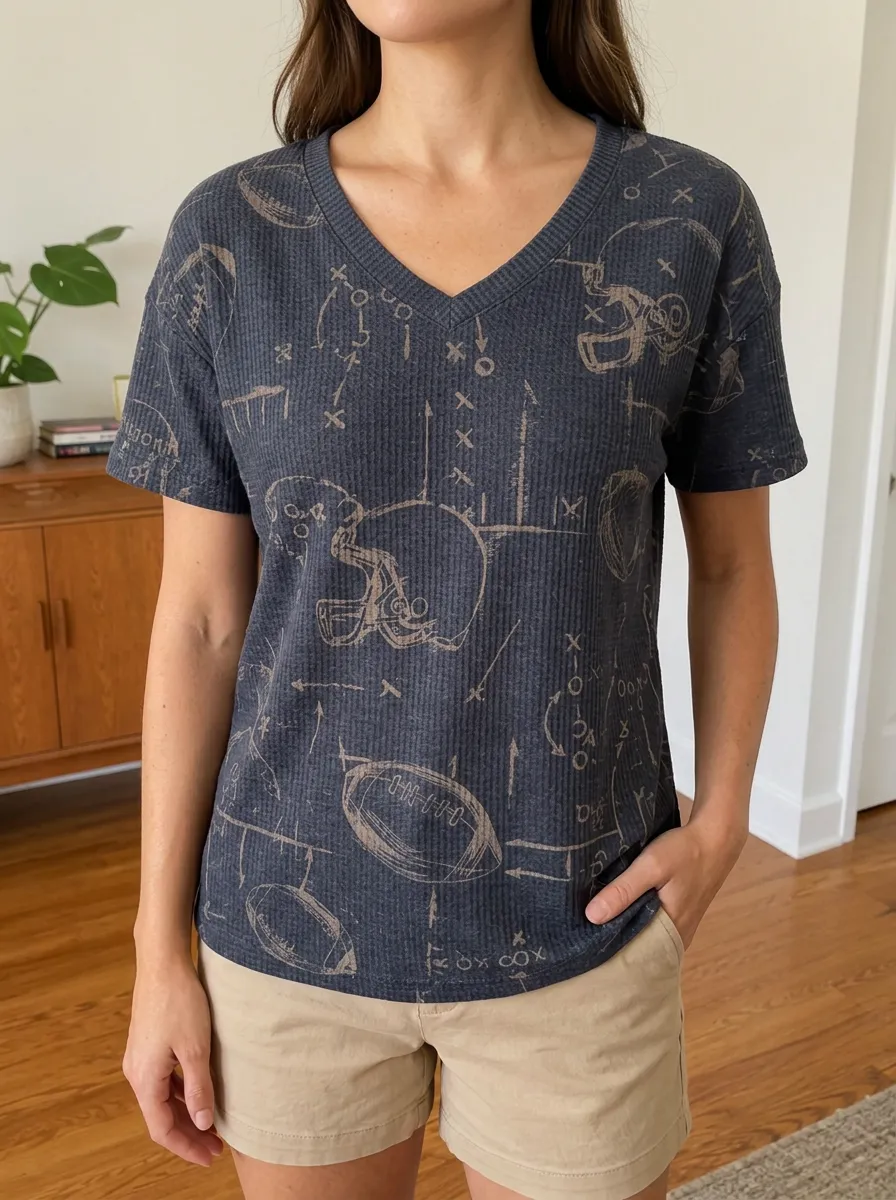 Women's Game Day Football Fan Playbook Helmet Printed Waffle Knit Top