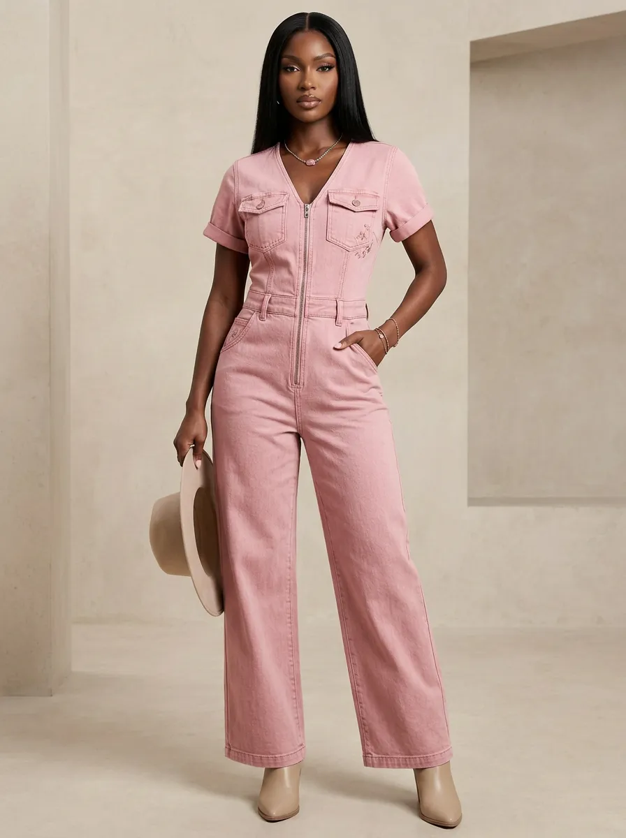 Pink Chic Floral Embroidered Zip-Front Denim Jumpsuit