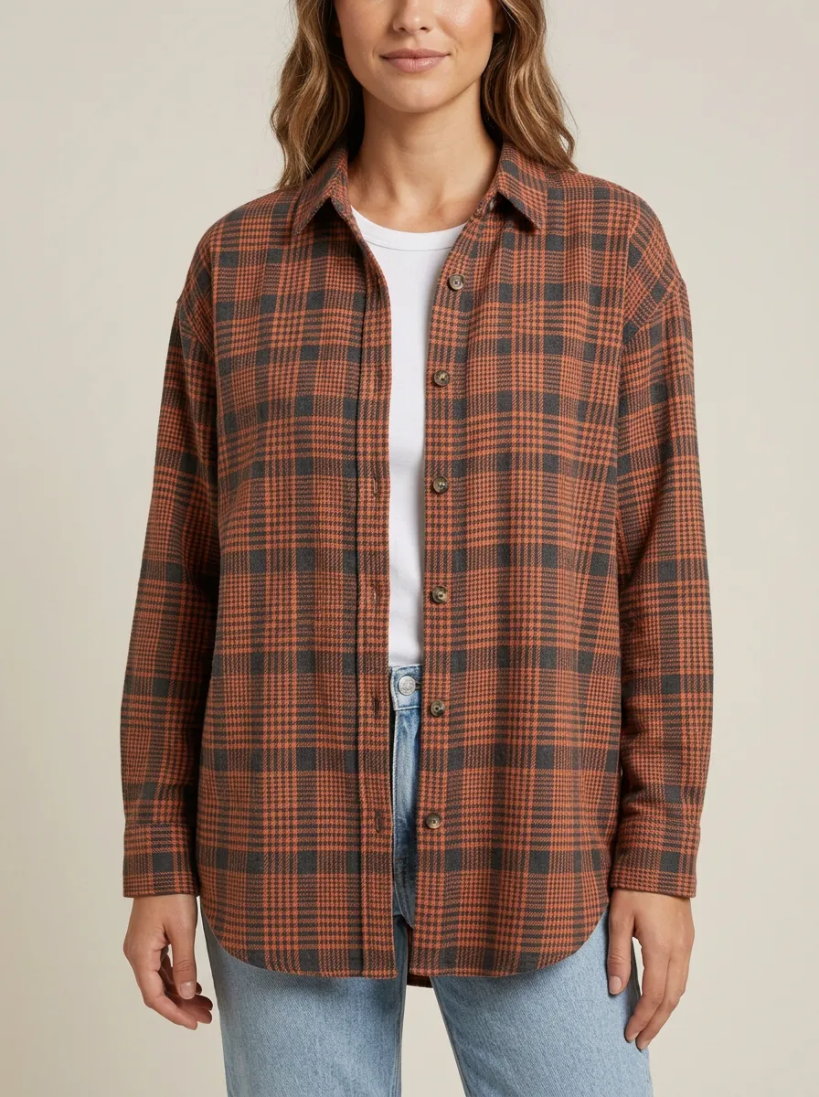 Structured Printed Plaid Checkered Plaid Long-Sleeve Shirt