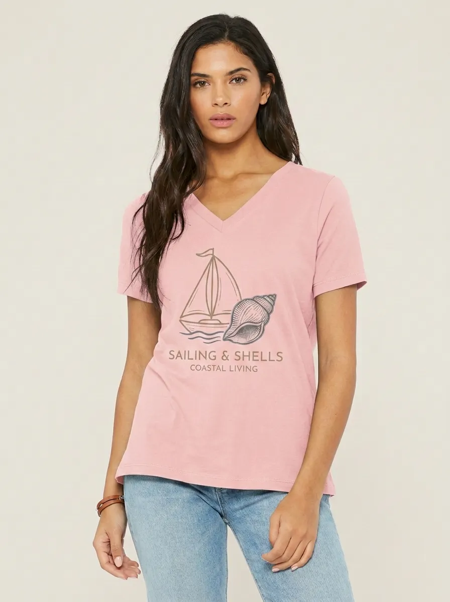 Women's Coastal Living Sailing Shells Printed V-Neck T-Shirt