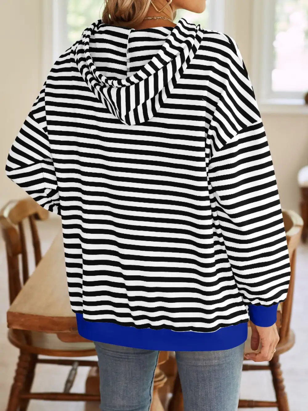 Drawstring Long-Sleeve Striped Hoodie