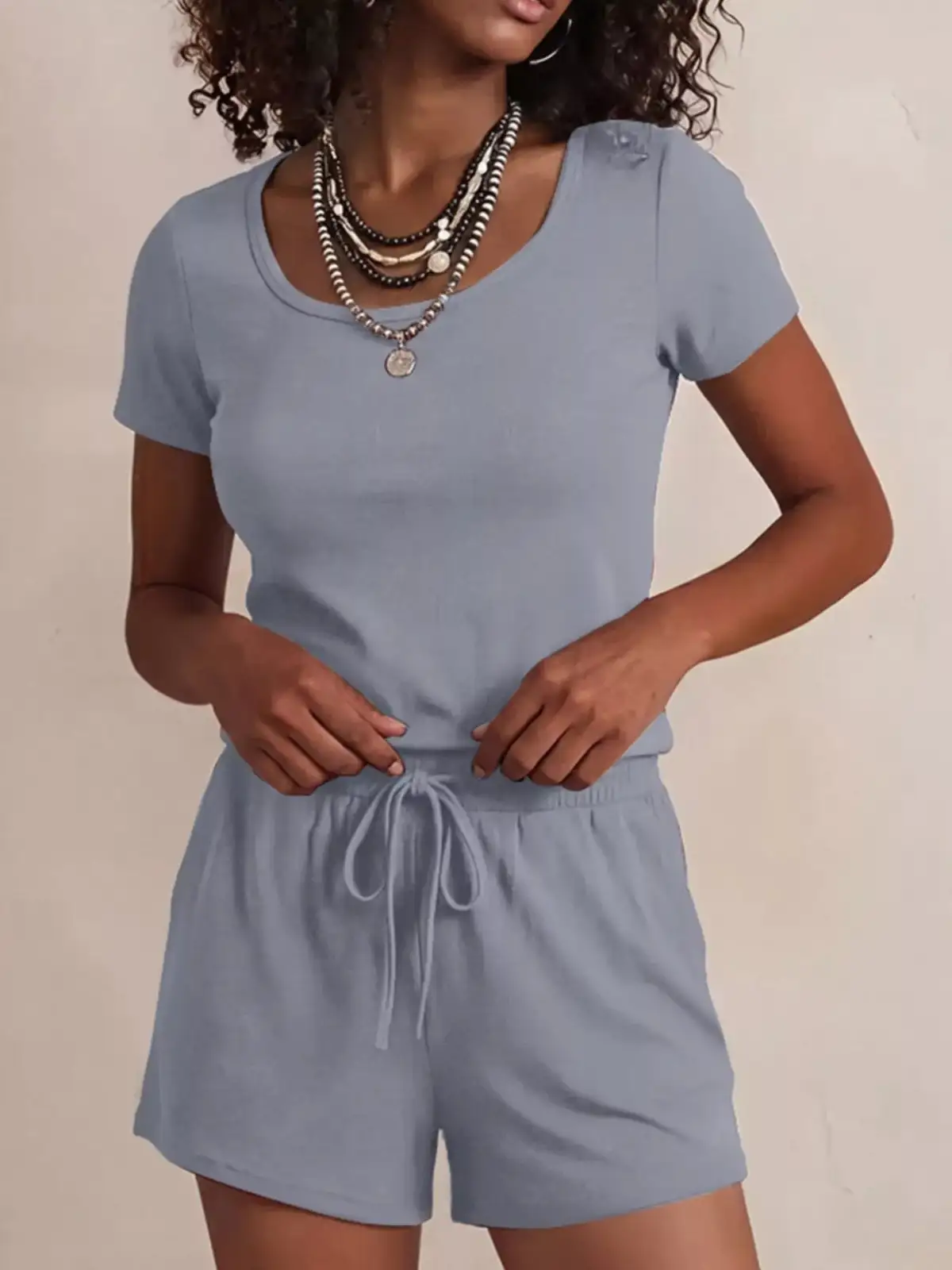 Drawstring Pocketed Tee and Shorts Matching Set