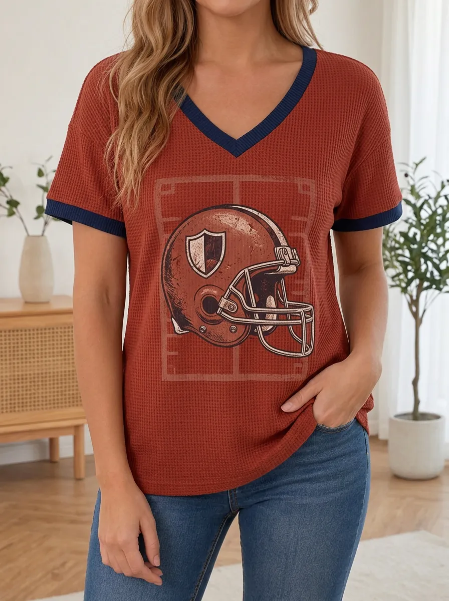Women's Heritage Football Fan Vintage Helmet Printed Waffle Knit Top