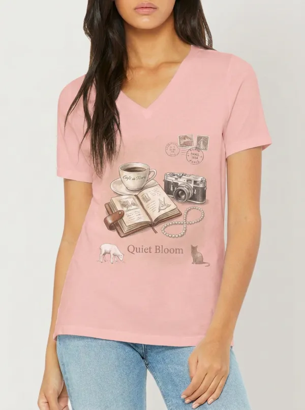 Women's Vintage Travel Book Coffee Camera Printed V-neck T-shirt