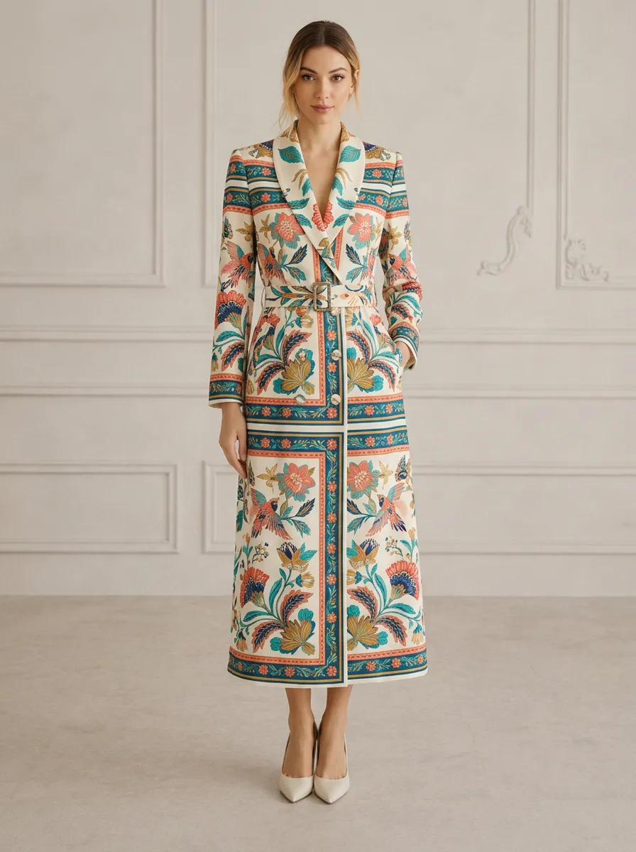 Women's Floral Botanical Pattern Printed Belted Trench Coat