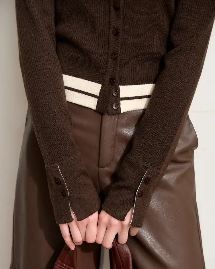 Wool Silk-Blend Button-Front Crew-Neck Cardigan