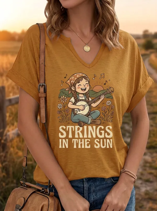 Prairie-Inspired Banjo Custom Country Music V-Neck T-Shirt
