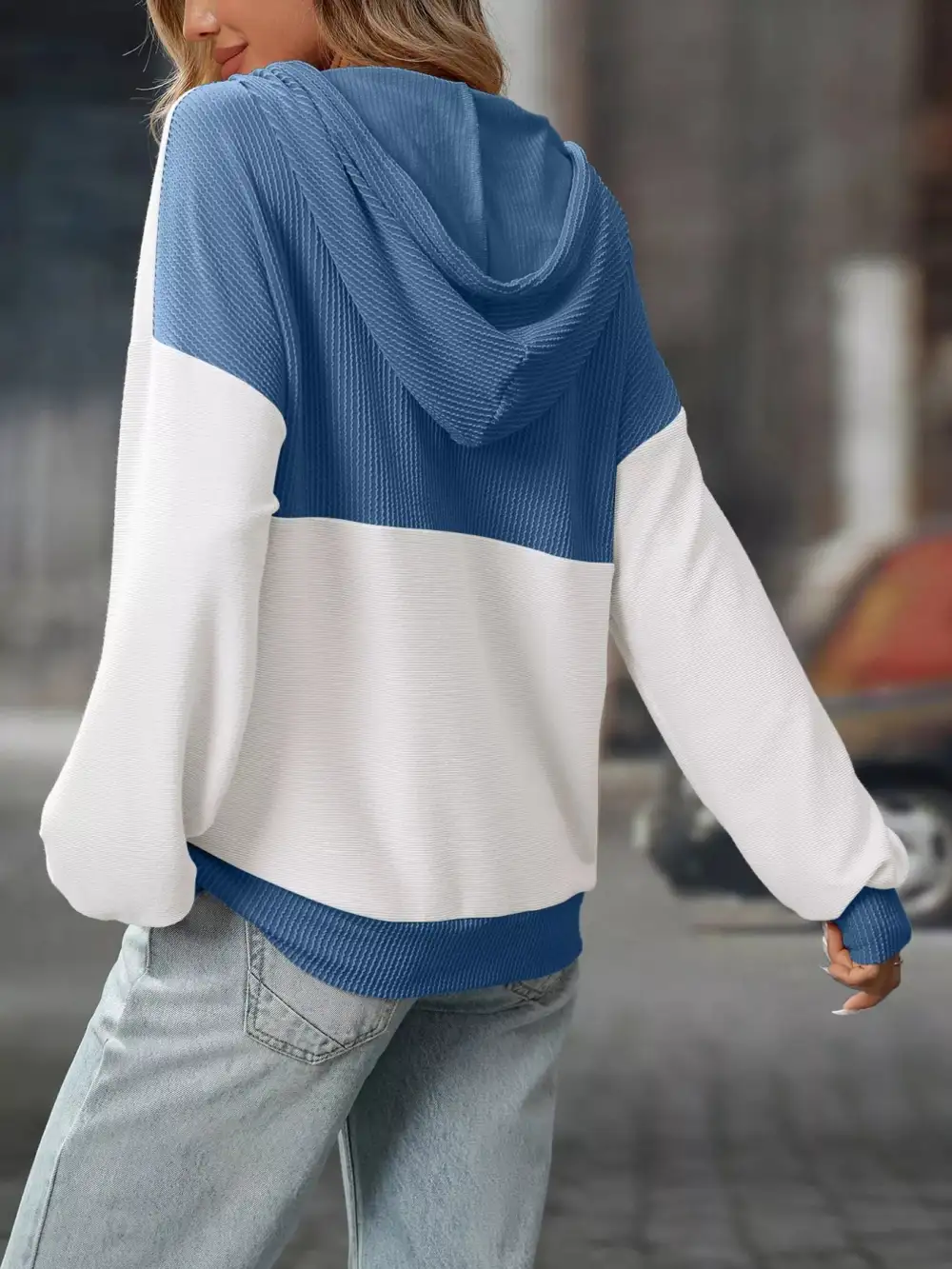 Refined Drawstring Buttoned Pocketed Colorblock Hoodie