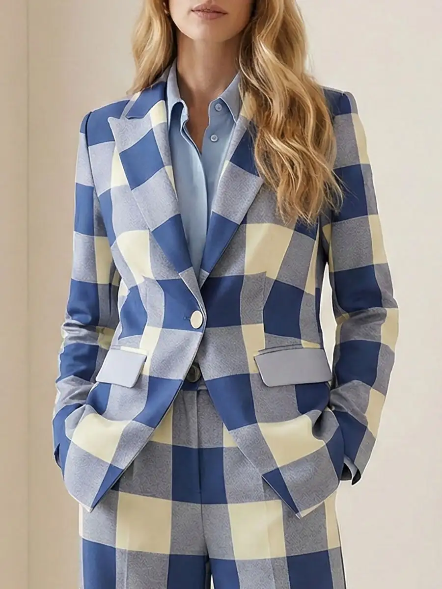 Long Sleeve Relaxed Button Front Contrast Color Plaid Blazer