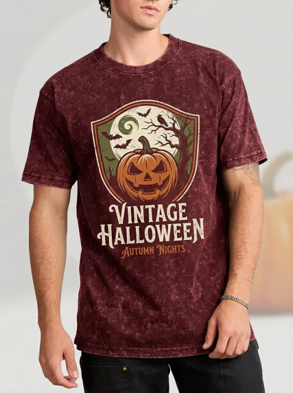 Men's Vintage Halloween Pumpkin Moon Printed T-shirt