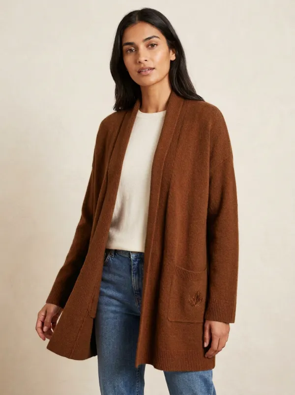 Relaxed Maple-Leaf Embroidered Leaf-Motif Knit Cardigan
