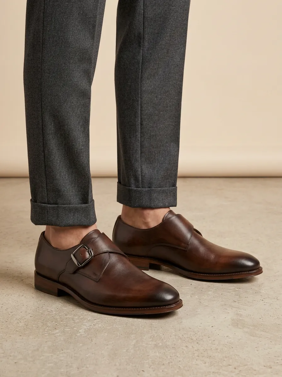 Men's Contemporary Classic Leather Single Monk Strap Dress Shoes
