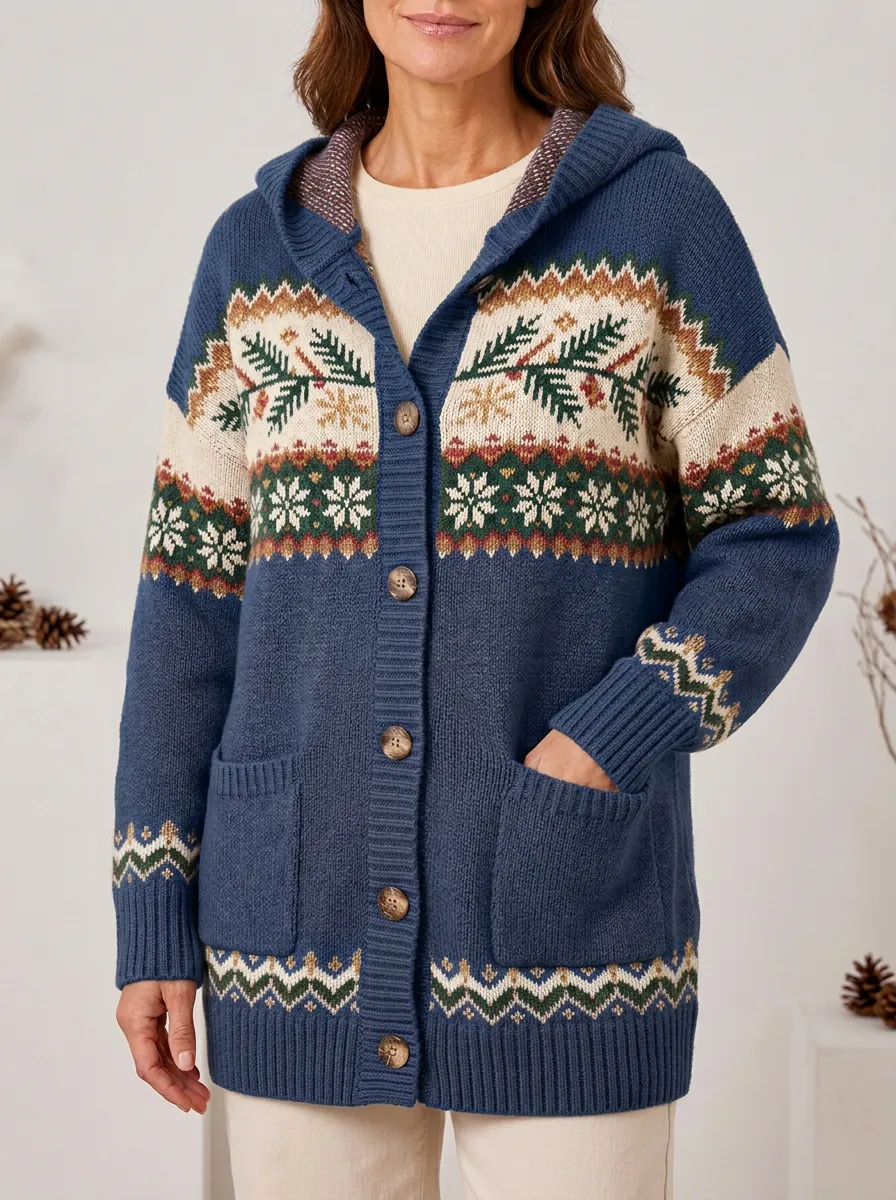 Christmas Snowflake Pine Branch Patterned Hooded Cardigan