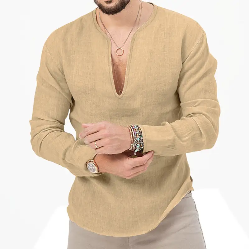 Men's Relaxed Linen Tunic Shirt With Open Slit Collar And Rounded Hem