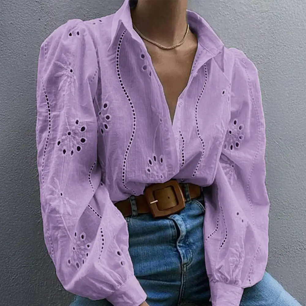 Fashionable Openwork Puff Sleeve Cardigan Shirt