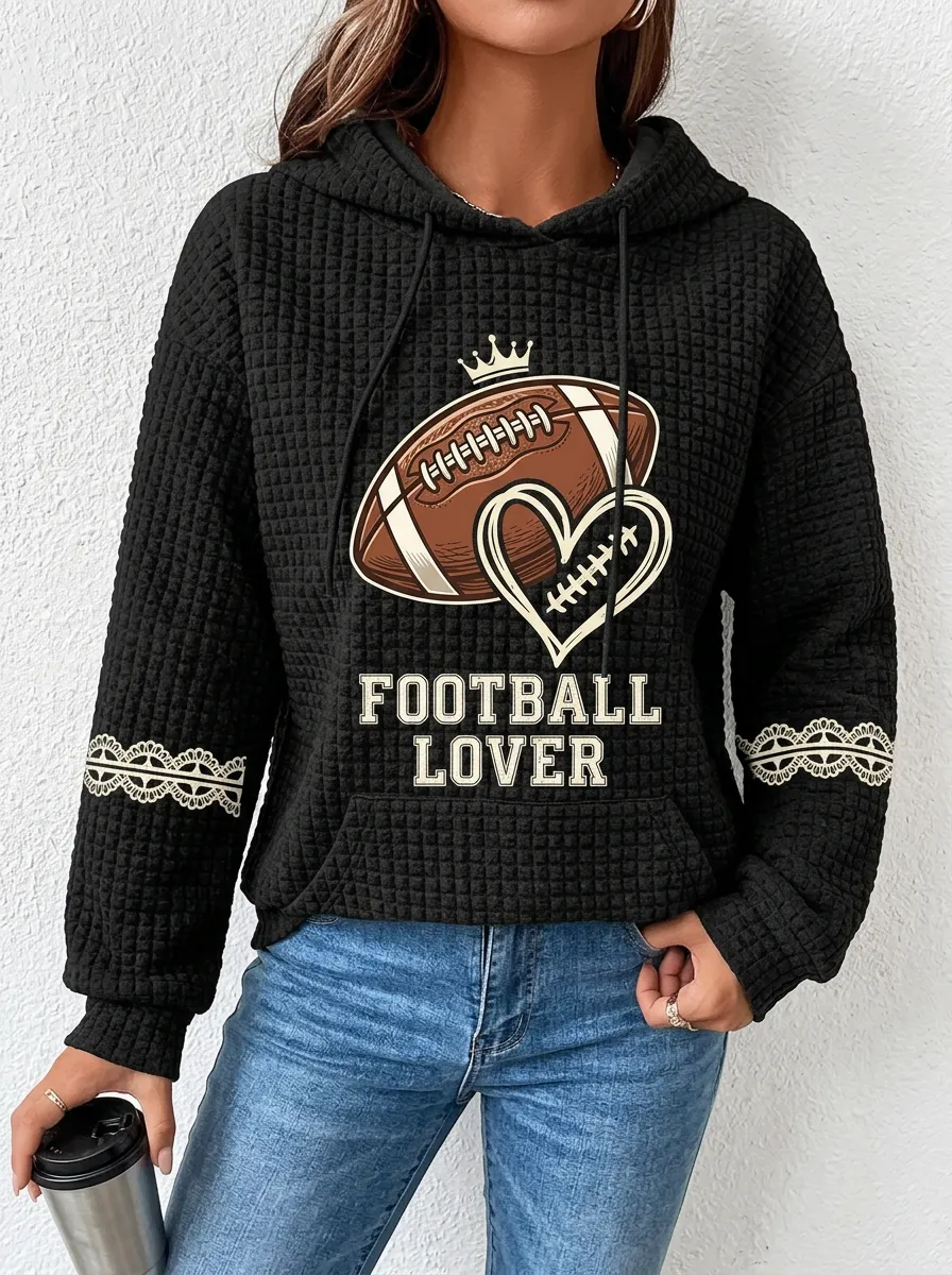 Women's Football Lover Crown Heart Printed Waffle Knit Hoodie