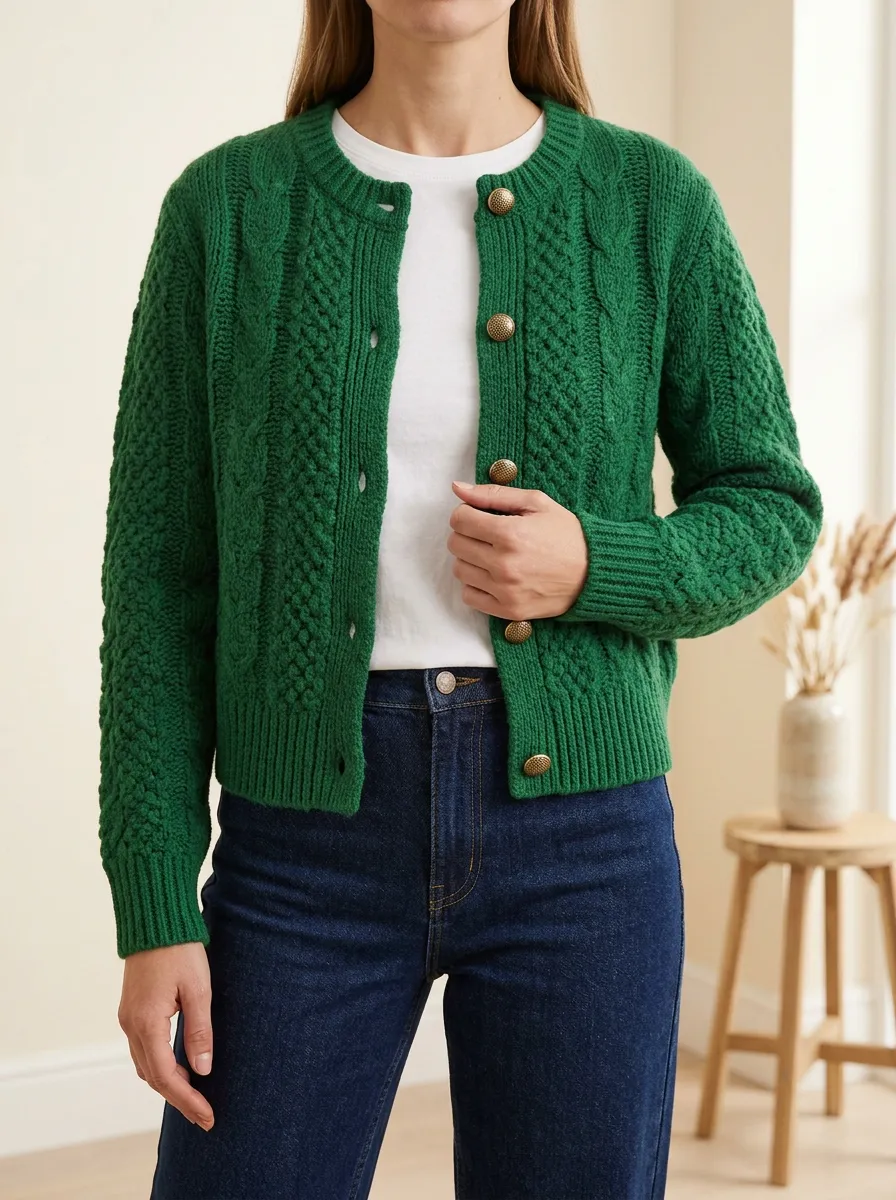 Women's Cable Knit Button Front Ribbed Cuff Cardigan