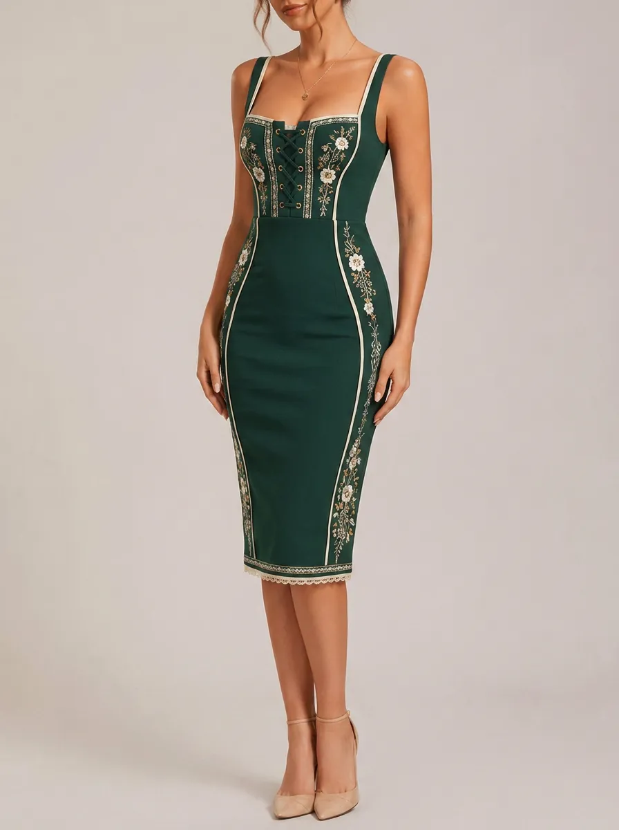 Women's Lace-Up Floral Dirndl-Inspired Bodycon Dress
