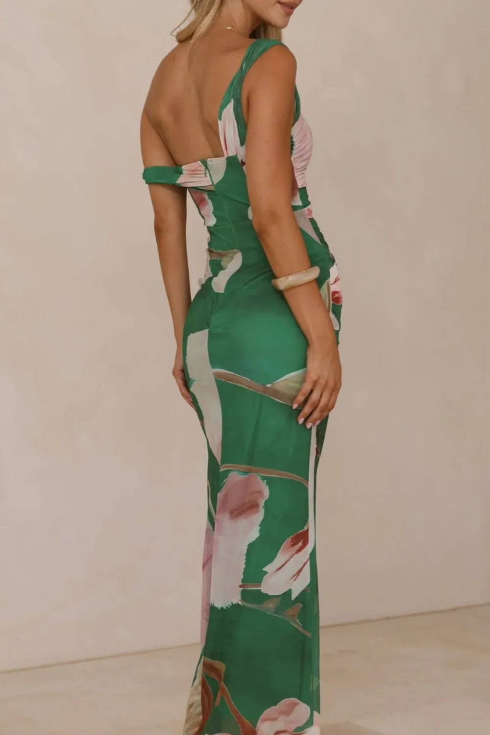 Classic Ruched One-Shoulder Floral Maxi Dress