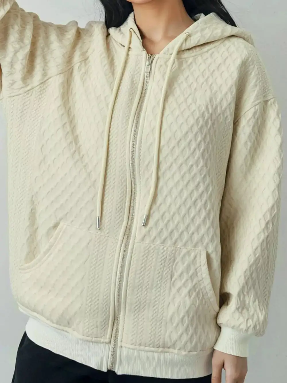 Zip-Detail Drawstring Pocketed Textured Hoodie