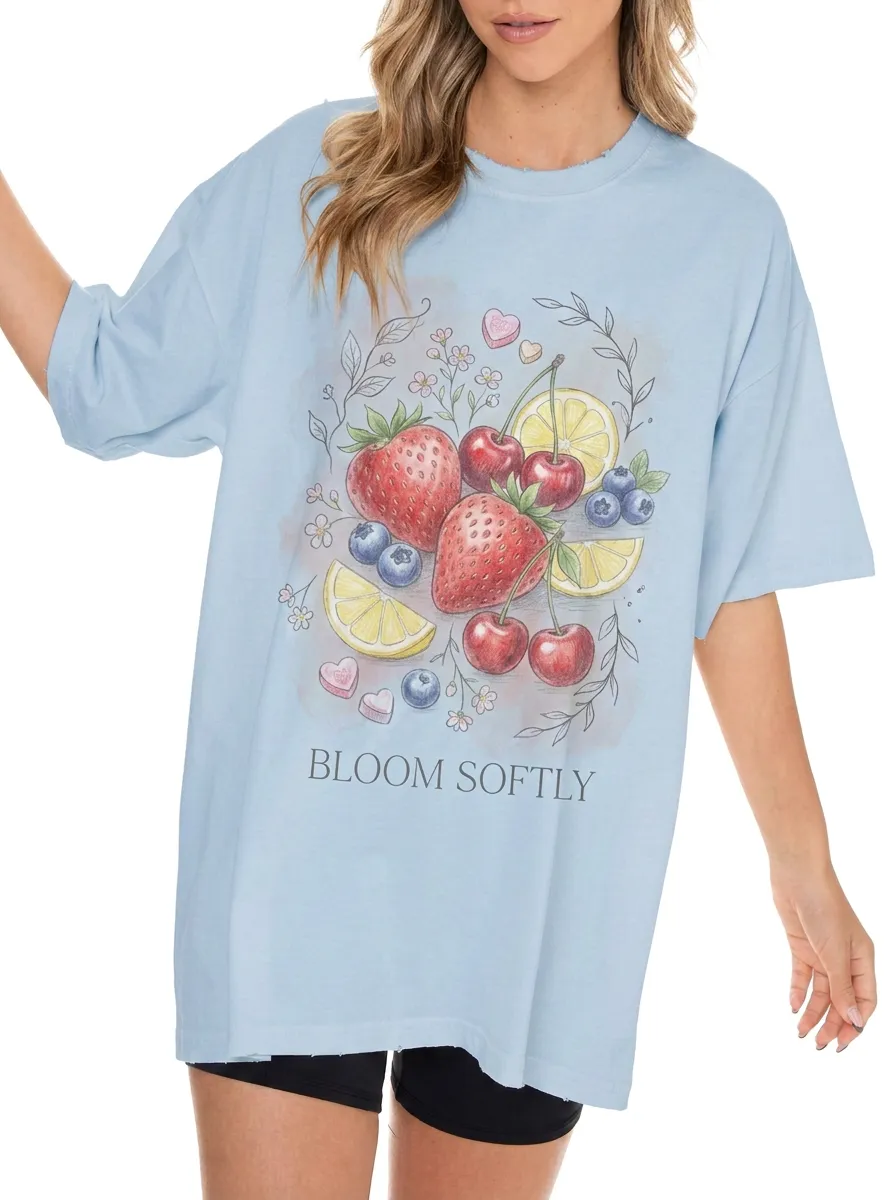 Women's Bloom Softly Fruit Strawberry Cherry Printed T-shirt