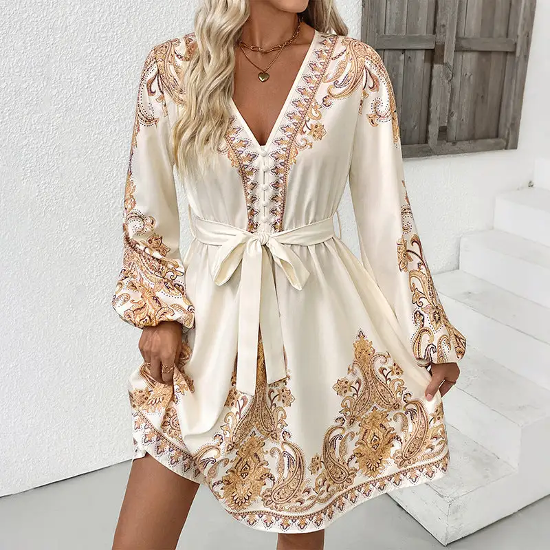 Women's V-Neck Paisley Belted Maxi Dress