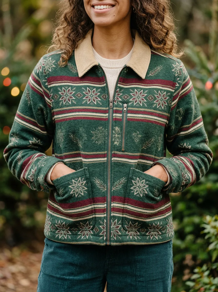 Christmas Holiday Snowflake Pattern Print Zip-up Jacket