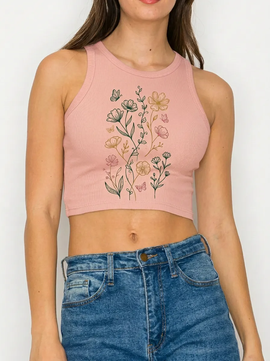 Women's Botanical Butterfly Floral Printed Ribbed Tank Top