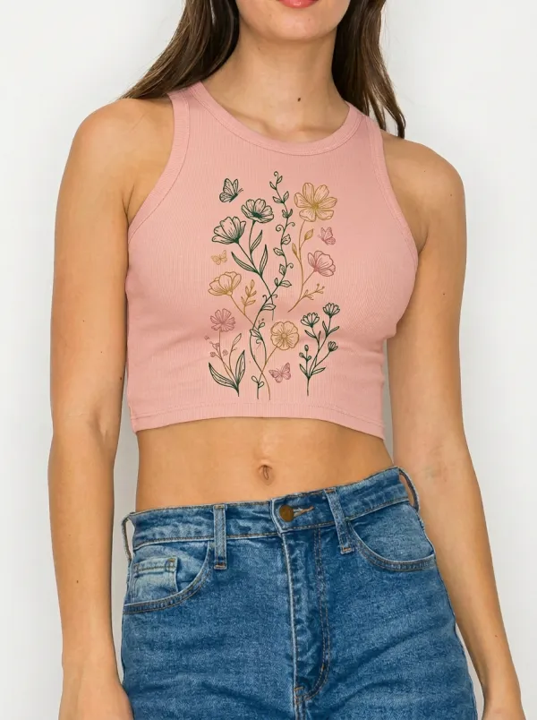 Women's Botanical Butterfly Floral Printed Ribbed Tank Top