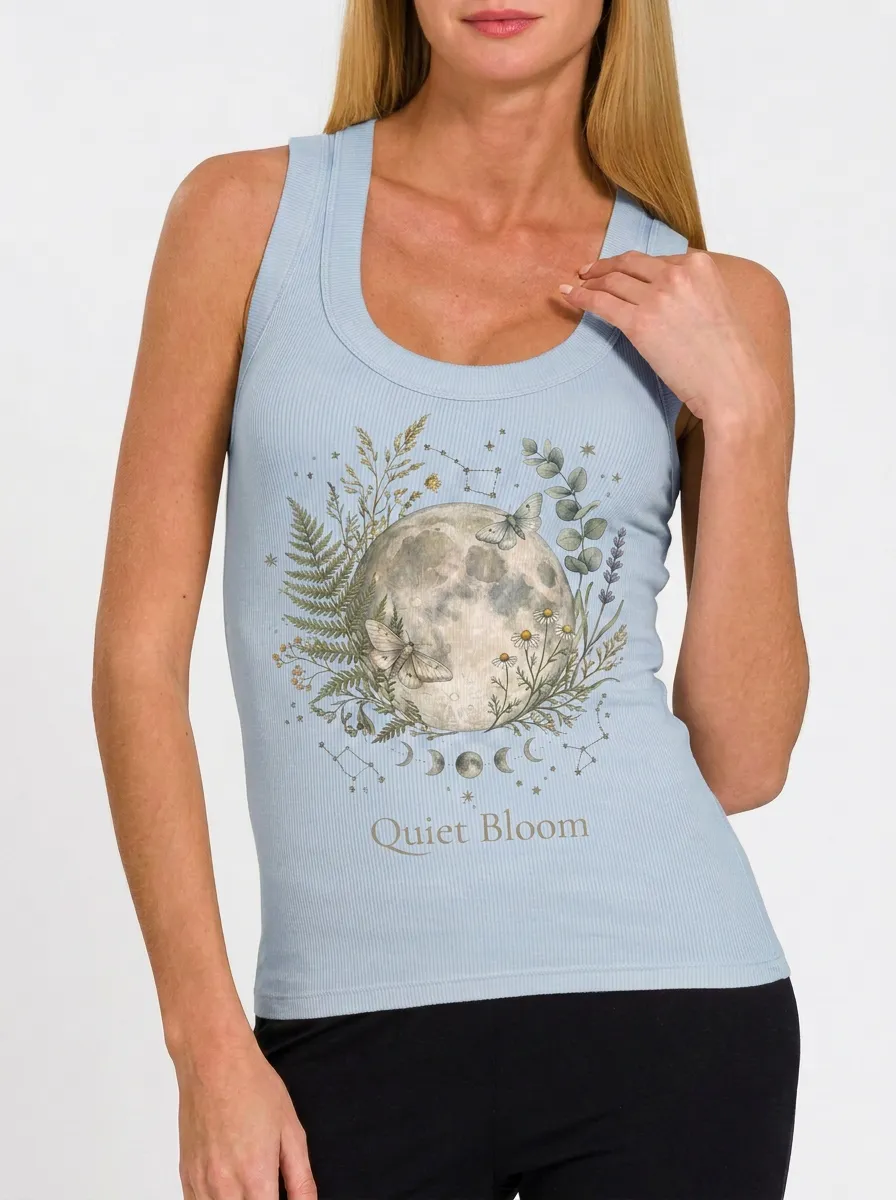 Women's Botanical Moon Moth Quiet Bloom Printed Ribbed Tank Top