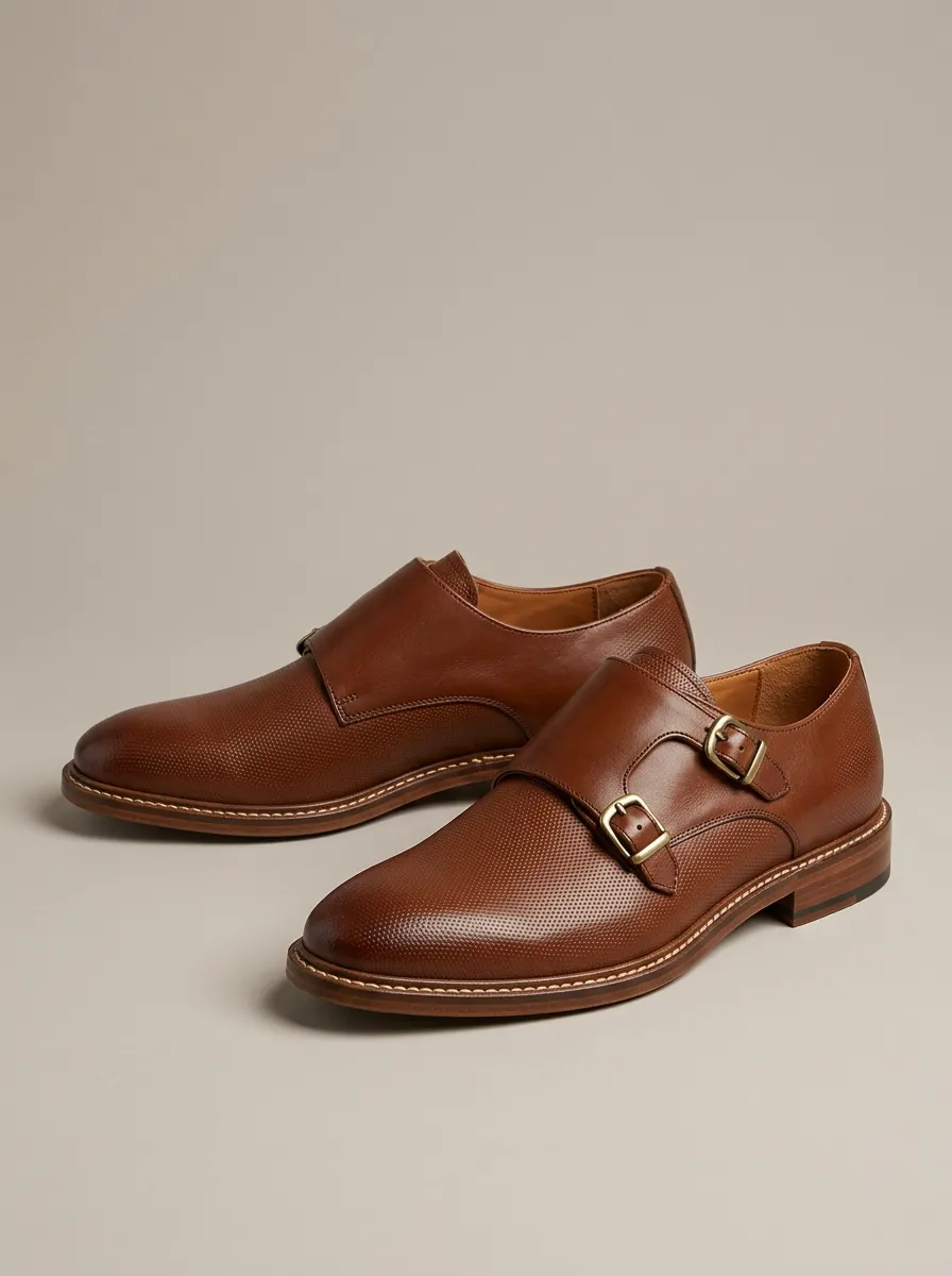 Men's Contemporary Business Formal Perforated Leather Double Monk Strap Shoes
