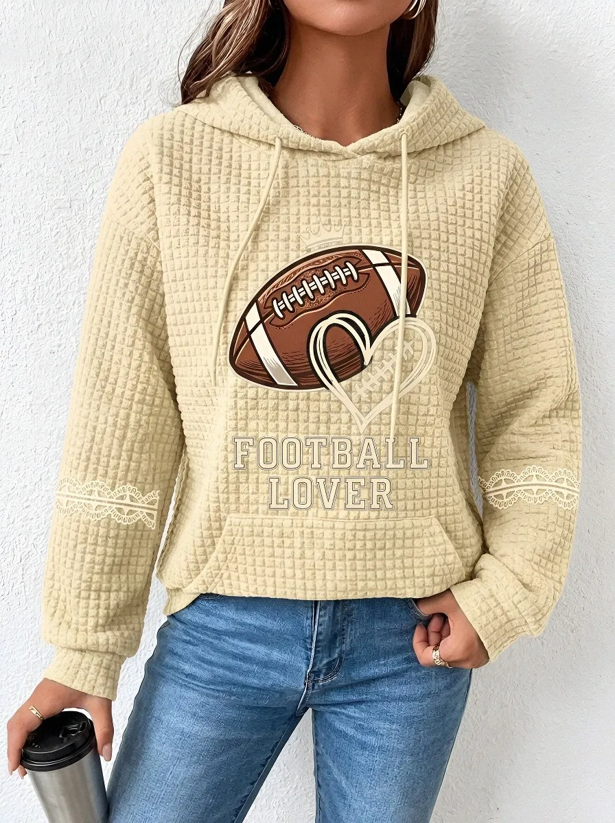 Women's Football Lover Crown Heart Printed Waffle Knit Hoodie