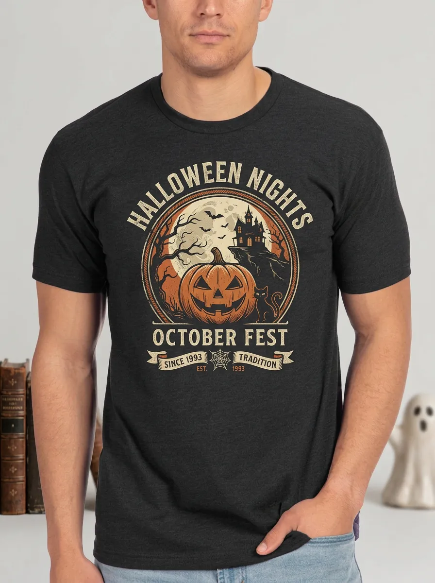 Men's Halloween Pumpkin Haunted House Cat Printed T-shirt
