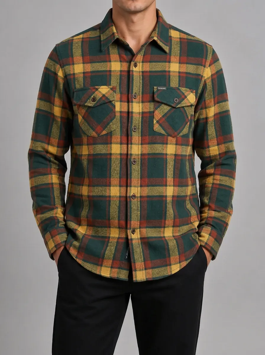 Men's Casual Vintage Green Yellow Plaid Pattern Printed Shirt