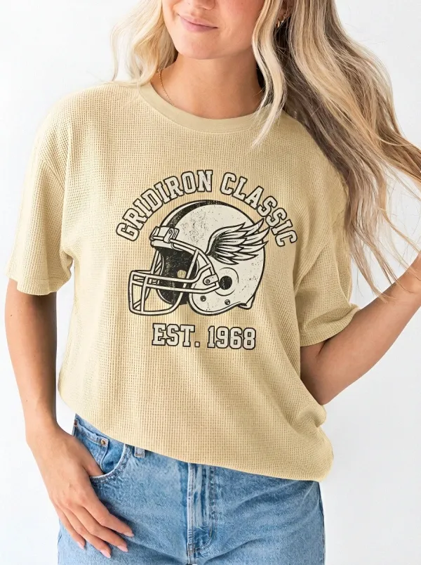 Women's Football Lover Gridiron Classic Helmet Printed Waffle T-Shirt