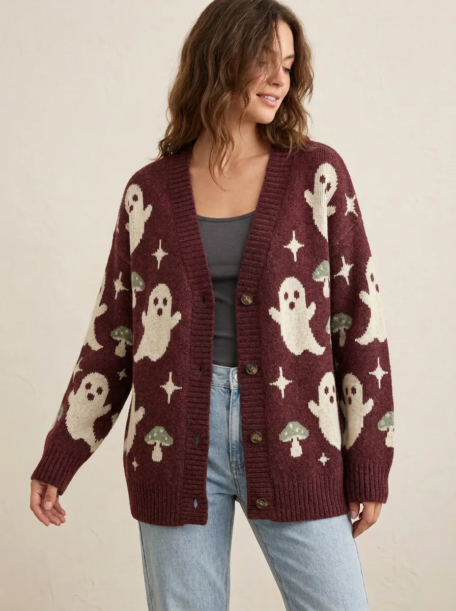 Women's Halloween Spooky Ghost Mushroom Pattern Printed Cardigan