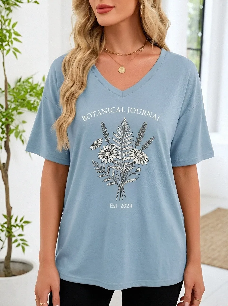 Women's Botanical Journal Wildflower Bouquet Printed V-Neck T-Shirt