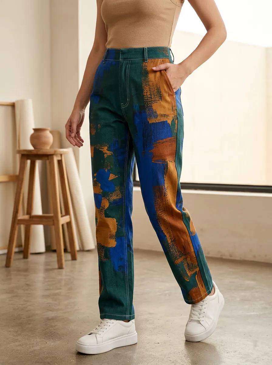 Women's Abstract Brushstroke Pattern Printed Pants