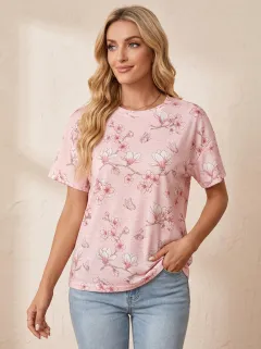 Butterfly Magnolia Floral Women's Loose Printed T-Shirt