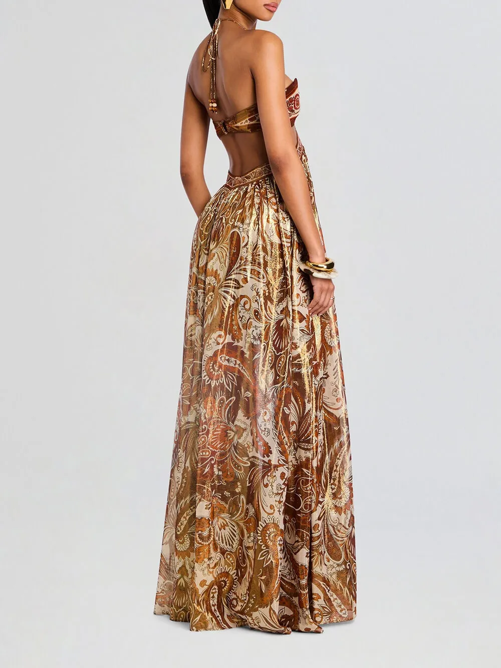 Hollow Print Halter Neck Maxi Dress