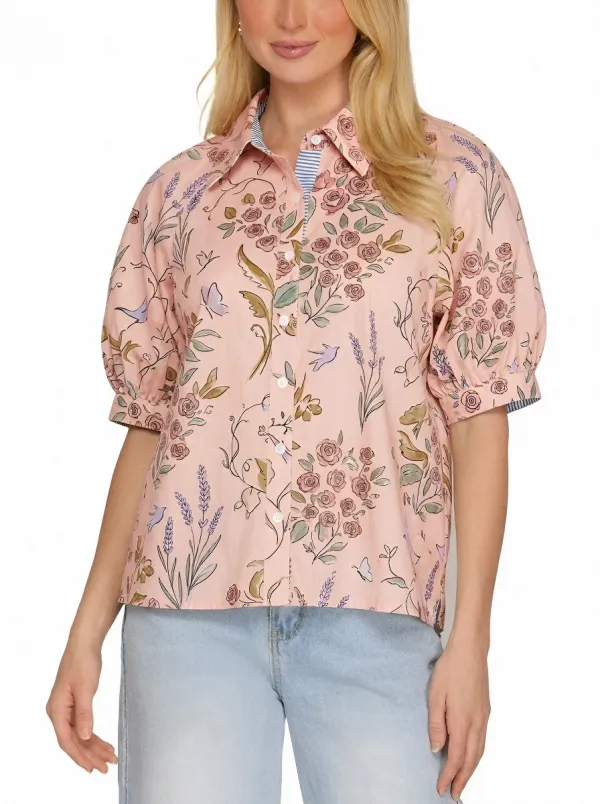 Women's Floral Botanical Garden Rose Printed Puff Sleeve Shirt