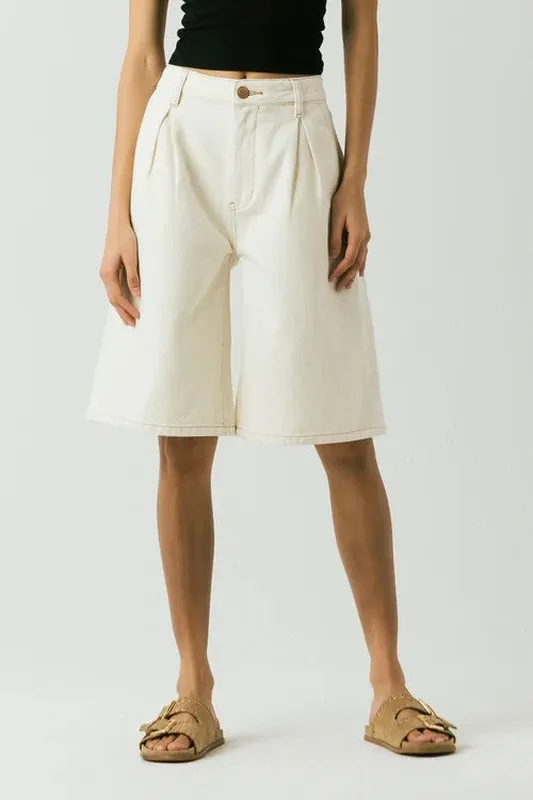Pleated Denim Belt Loop Shorts