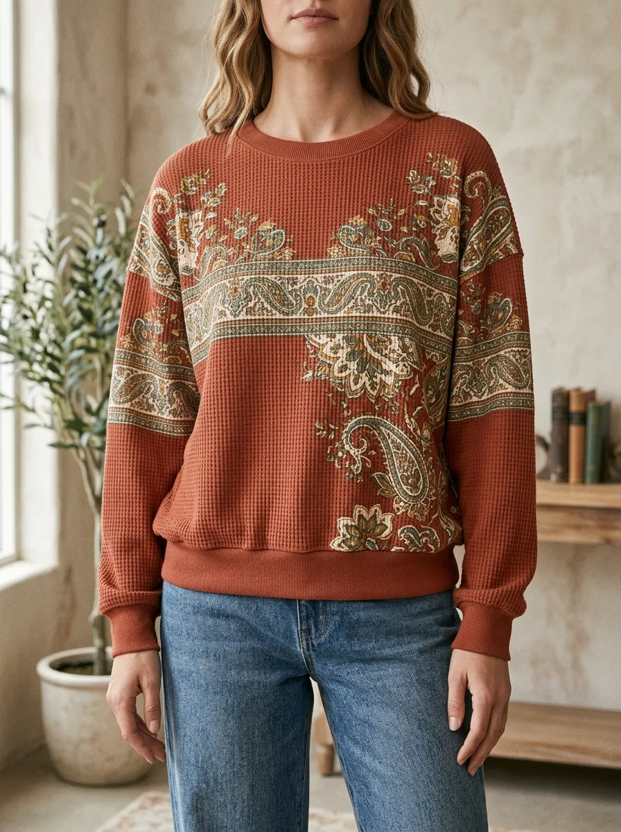 Women's Waffle Knit Boho Paisley Pattern Crewneck Sweatshirt