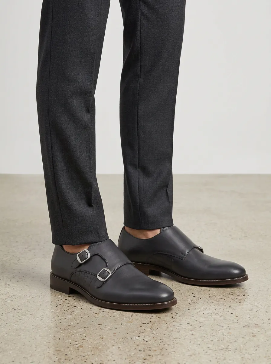 Men's Business Formal Plaid Pattern Double Monk Strap Leather Shoes